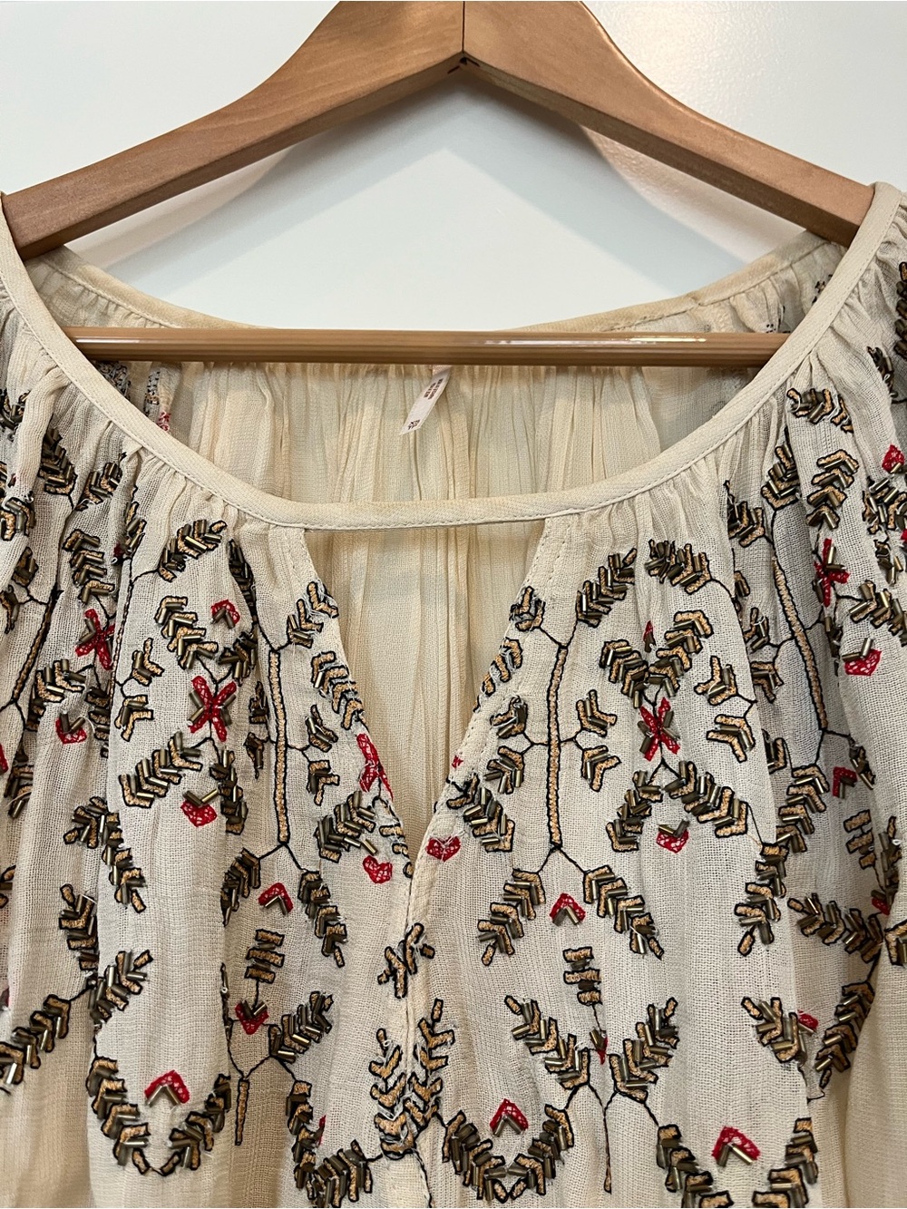 Free People Bohemian Beaded Embroidered Boho Cottagecore Peasant Pirate Blouse - Picture 2 of 11